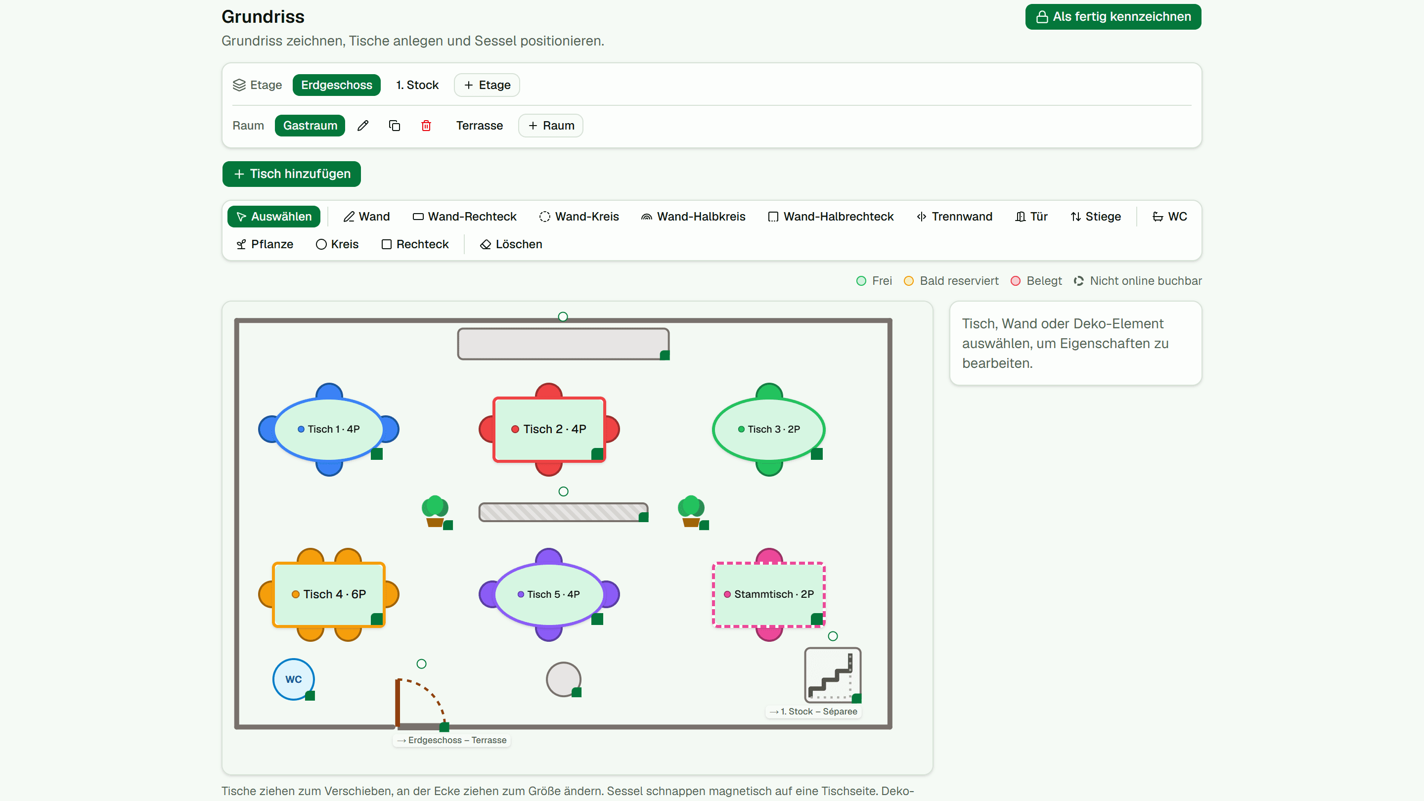 Grundriss-Editor von DeskFlow mit Tischen, Wänden und Deko