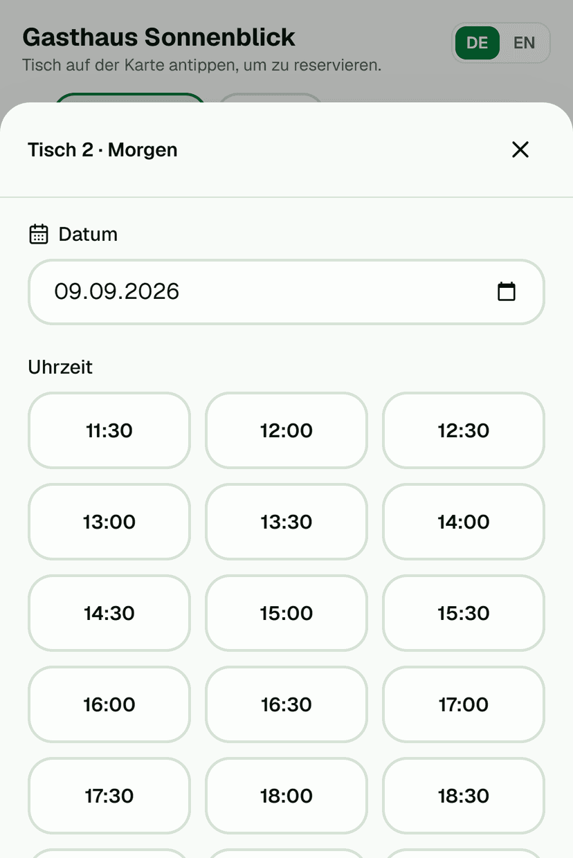 Mobile Buchungsansicht mit geöffnetem Bottom-Sheet
